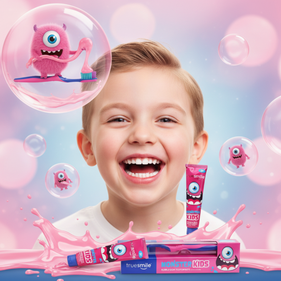 Truesmile Monsterkids Pasta do Zębów dla Dzieci 3-6 Bubblegum + Szczoteczka 75ml