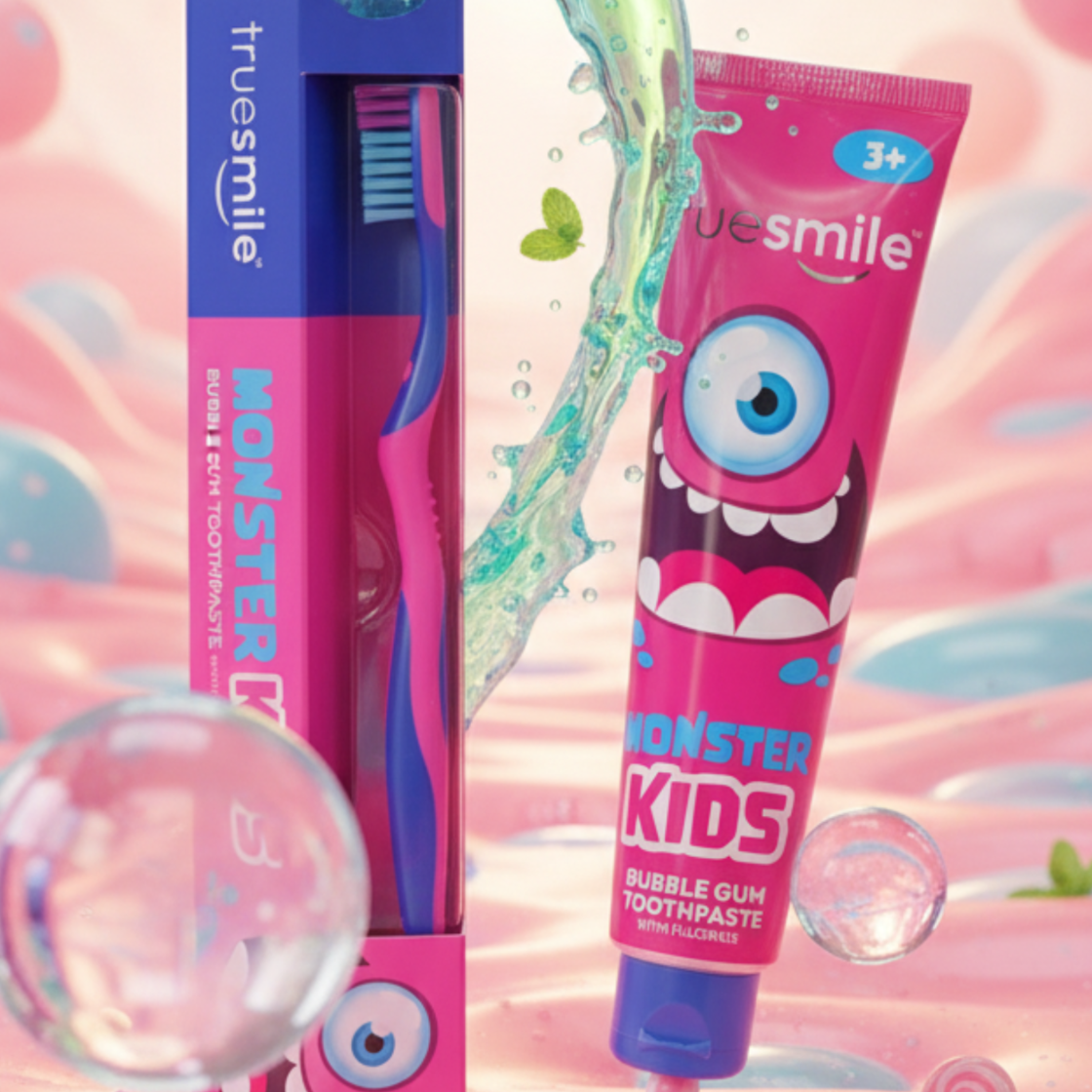 Truesmile Monsterkids Pasta do Zębów dla Dzieci 3-6 Bubblegum + Szczoteczka 75ml